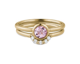 Pink Tourmaline bezel set engagement ring with matching diamond wedding band in 10k-14k-18k yellow gold, white gold, rose gold