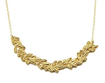 Vine lace bib necklace in 14k gold plate on 14k gold filled chain