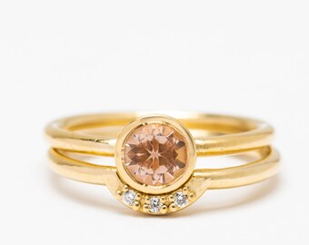 Morganite bezel set engagement ring with matching diamond wedding band in 10k-14k-18k yellow gold, white gold, rose gold