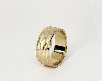 Wide organic Wedding ring in solid yellow gold custom engraved inside