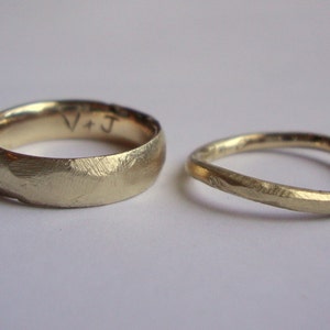 Gold rough Wedding ring set custom engraved inside. Solid 10k 14k 18k