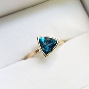 London blue topaz trillion cut 10k, 14k, 18k solid yellow gold rough ring, engagement ring, gift for her 7mm stone