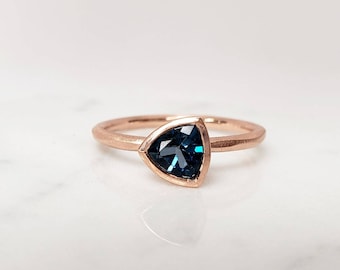 London blue topaz trillion cut 10k, 14k, 18k solid yellow gold, rose gold, white gold rough ring, engagement ring, gift for her 6mm stone