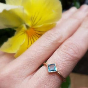 Princess cut Blue topaz women's 10k solid rose, white or yellow gold rough textured ring, engagement ring, boho ring