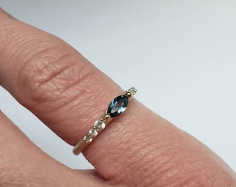 Delicate marquise cut London blue topaz ring with white sapphires in gold -10k-14k -18k