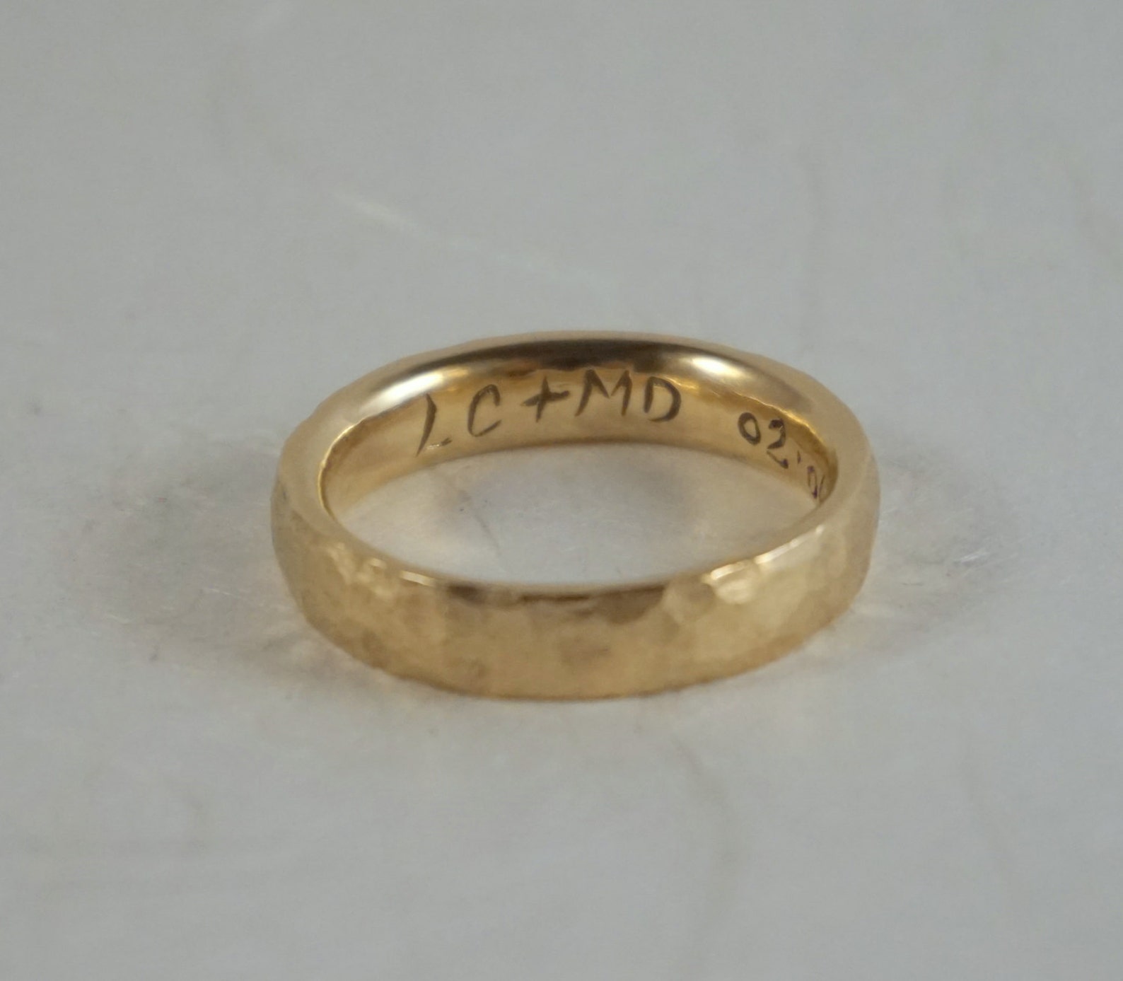 Mens rustic hammered gold wedding band in solid 14k yellow