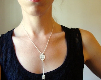 Long double lace drop necklace in sterling silver, lariat necklace