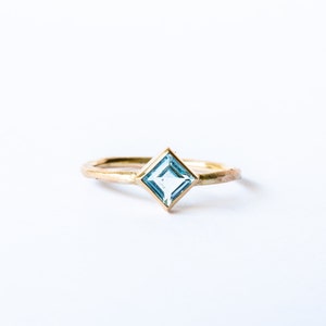 Square Blue topaz women's 10k solid yellow gold rough ring, engagement ring
