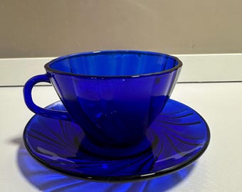 Vintage French Tempered Glass Teacup and Saucer by Duralex in “Rivage Cobalt” pattern