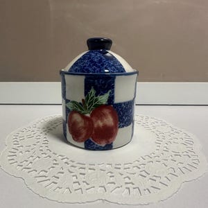 Vintage Blue and White Checkered Ceramic Sugar Bowl with Red Apple, Lidded Sugar Jar