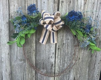 Rustic Barbed Wire Wreath. Wall Decor. Blue Floral with Burlap