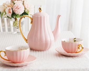 Service à café en céramique rose | Service à thé l'après-midi | Tasses à café et soucoupes en céramique | Service à thé | Service à thé pour femme | Cadeau fête des mères