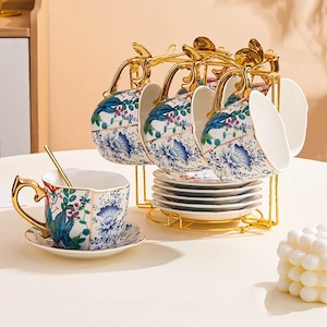 Retro Floral Ceramic Coffee Cup Set: Gold-Painted Tea Set