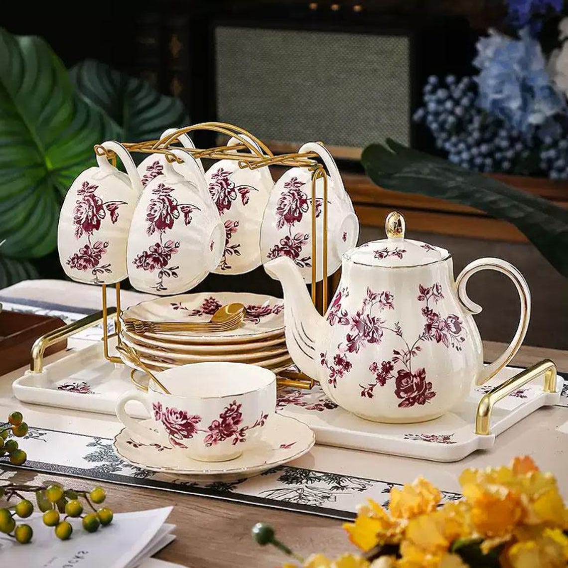 Handmade Rose Red Ceramic Tea Set: Floral Coffee Set Tableware - Etsy