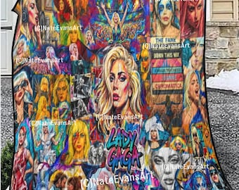 May include: A colorful blanket featuring multiple images of Lady Gaga, with the text "LADY GAGA" in a vibrant font. The blanket showcases various portraits and album art, with the artist's name and album titles visible.