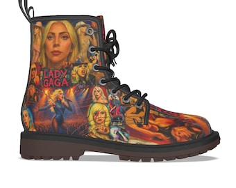 May include: Combat boot featuring a collage of images of Lady Gaga. The boot has a black lace-up closure, a brown sole, and a pull tab at the back. The boot's design is a vibrant mix of colors, including red, yellow, and blue.