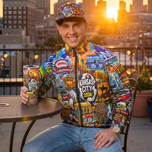 Puede incluir: Una colorida chaqueta con cremallera, gorra y vaso con un collage de monumentos de Kansas City y el texto "Kansas City 2026". La chaqueta y la gorra tienen un dise&ntilde;o vibrante y detallado. El vaso se sostiene sobre una mesa.