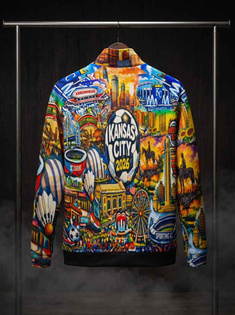 Puede incluir: Chaqueta bomber colorida con un collage vibrante de im&aacute;genes de Kansas City. El dise&ntilde;o incluye un bal&oacute;n de f&uacute;tbol con el texto "Kansas City 2026", paisajes urbanos e iconos. La chaqueta tiene cuello y pu&ntilde;os negros.
