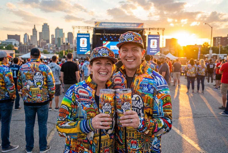 May include: Two people wearing colorful jackets and caps, holding tumblers with a city skyline design. The jackets and caps have a vibrant, detailed pattern. The background shows a crowd, stage, and cityscape at sunset.