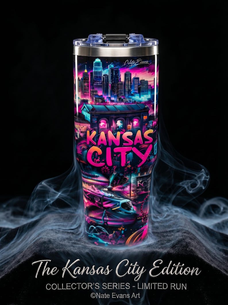 May include: A stainless steel tumbler with a vibrant, neon-colored Kansas City design. The artwork features the city skyline, a train, and the words "Kansas City" in bold letters. The tumbler is part of the Collector's Series.