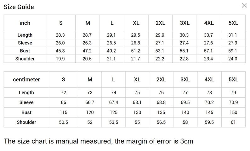 May include: A size guide chart with measurements in inches and centimeters. The chart includes measurements for length, sleeve, bust, and shoulder, with sizes ranging from S to 5XL. The text at the bottom states the size chart is manually measured, with a 3cm margin of error.