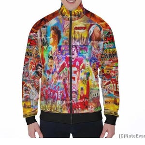 May include: A zip-up jacket with a colorful collage design. The jacket features images of football players and the text "CHIEFS" and "SUPER CHAM". The jacket has a black collar, cuffs, and hem.