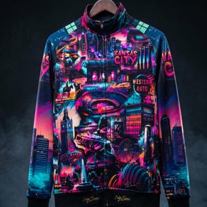 May include: A zip-up jacket with a vibrant, colorful design featuring a cityscape with the text "Kansas City" and "Western Auto". The jacket has a black collar, cuffs, and hem, and is hanging on a wooden hanger.