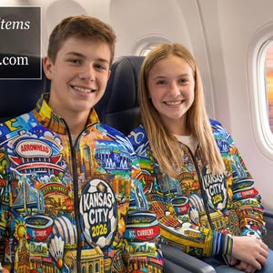 Puede incluir: Dos personas con chaquetas con cremallera coloridas con dise&ntilde;os tem&aacute;ticos de la ciudad, incluido el texto "Kansas City 2026". Las chaquetas presentan varias ilustraciones y logotipos. La imagen tambi&eacute;n incluye el texto "One of a kind items only at NateEvansArt.com".