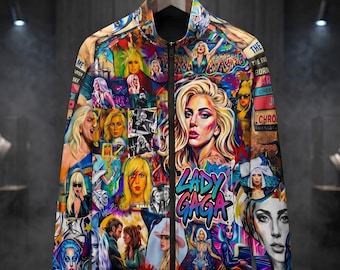 May include: A colorful bomber jacket featuring a collage of images of Lady Gaga. The jacket has a black zipper and trim, with the words "LADY GAGA" prominently displayed. The sleeves have the words "AGA" and "LAD".
