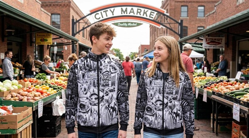 May include: Two people wearing matching black and white zip-up jackets with a cityscape design and the text "Kansas City". They are walking in front of a "City Market" archway, surrounded by produce stands.