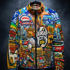 Puede incluir: Chaqueta con cremallera multicolor con un collage vibrante de los lugares emblem&aacute;ticos de Kansas City y el texto "KANSAS CITY 2026". El dise&ntilde;o incluye im&aacute;genes del estadio Arrowhead, City Market y un bal&oacute;n de f&uacute;tbol. La chaqueta est&aacute; colgada en una percha negra.