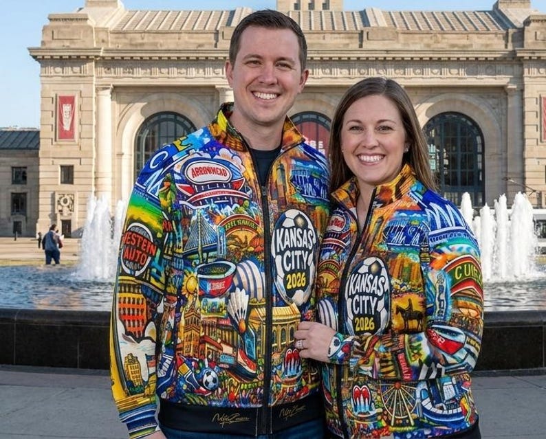 Puede incluir: Dos personas con chaquetas con cremallera a juego con dise&ntilde;os coloridos. Las chaquetas presentan im&aacute;genes de lugares emblem&aacute;ticos, logotipos y el texto "Kansas City 2026". Las chaquetas tienen cuello y pu&ntilde;os negros.