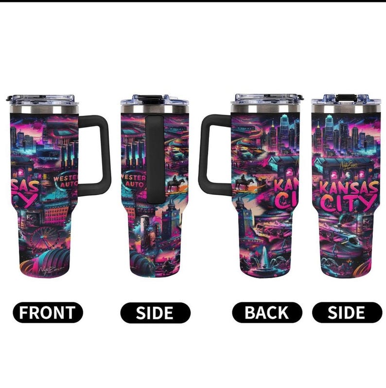 May include: Four stainless steel travel mugs with black handles and lids. Each mug features a vibrant, colorful design of Kansas City landmarks and the words "Kansas City" and "Western Auto". The mugs are shown from different angles.