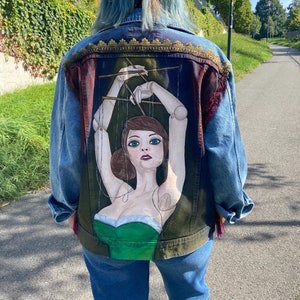 Unique Personalized Clothes marionette/ Custom jean jacket for Men or Women/ Hand painted jacket puppet/ Painted Denim Jacket With Art!