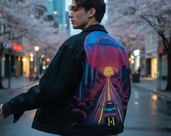 Hand Painted Denim Jacket – Neon Cyberpunk Design, Handmade Trippy Clothing, Original Wearable Art Jacket, Festival Gift For Him