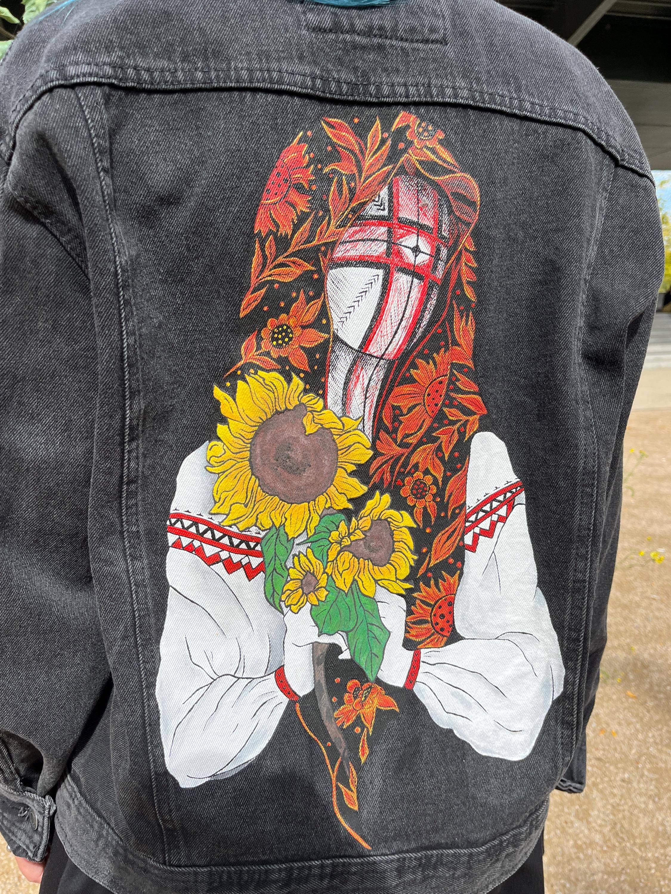 Hand-painted Denim Jacket, Ukrainian Motanka Doll, Sunflower Art