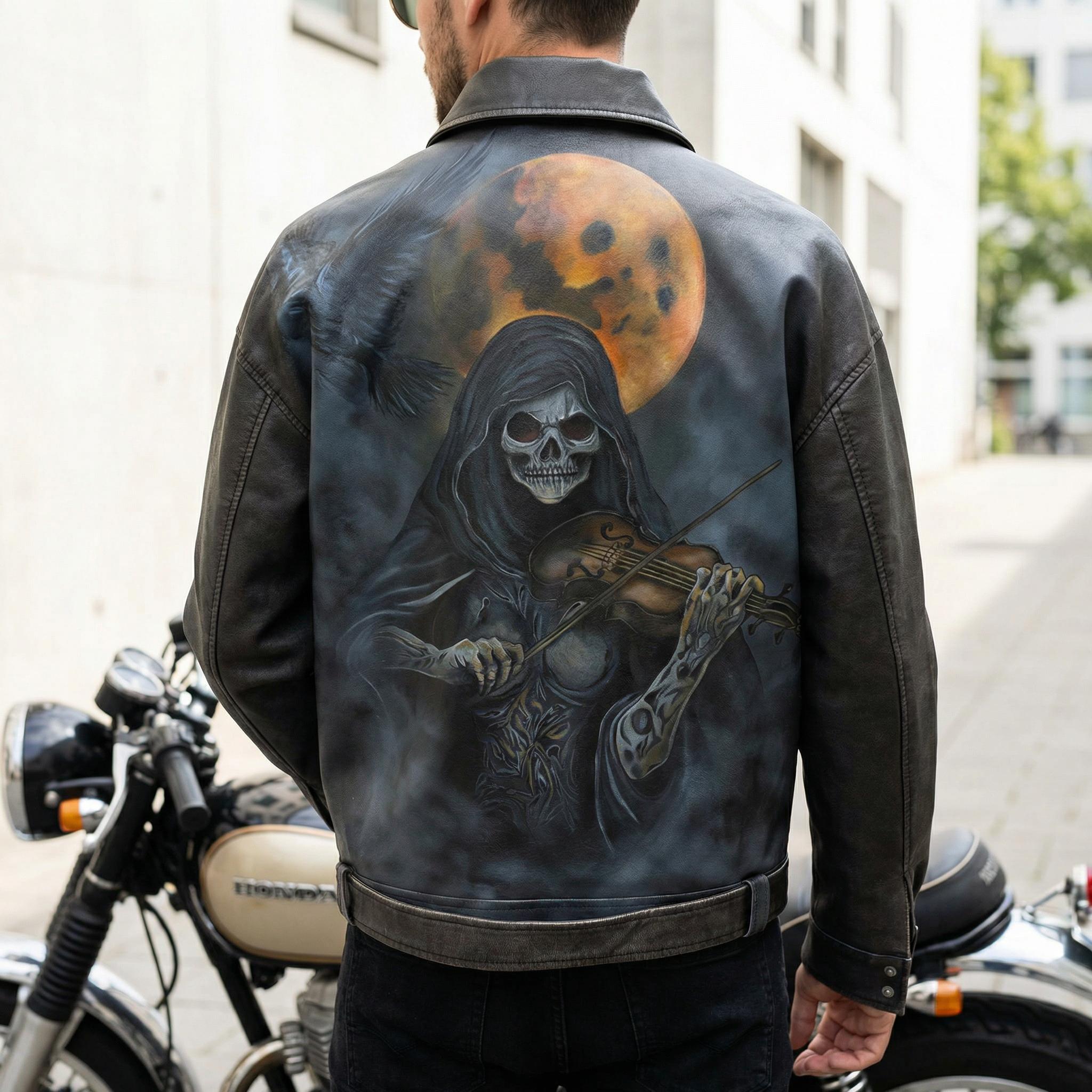 DimMoire Gothicワッペンジャケット Hand Painted Gothic Leather Jacket, Grim Reaper Violin Art, Vegan