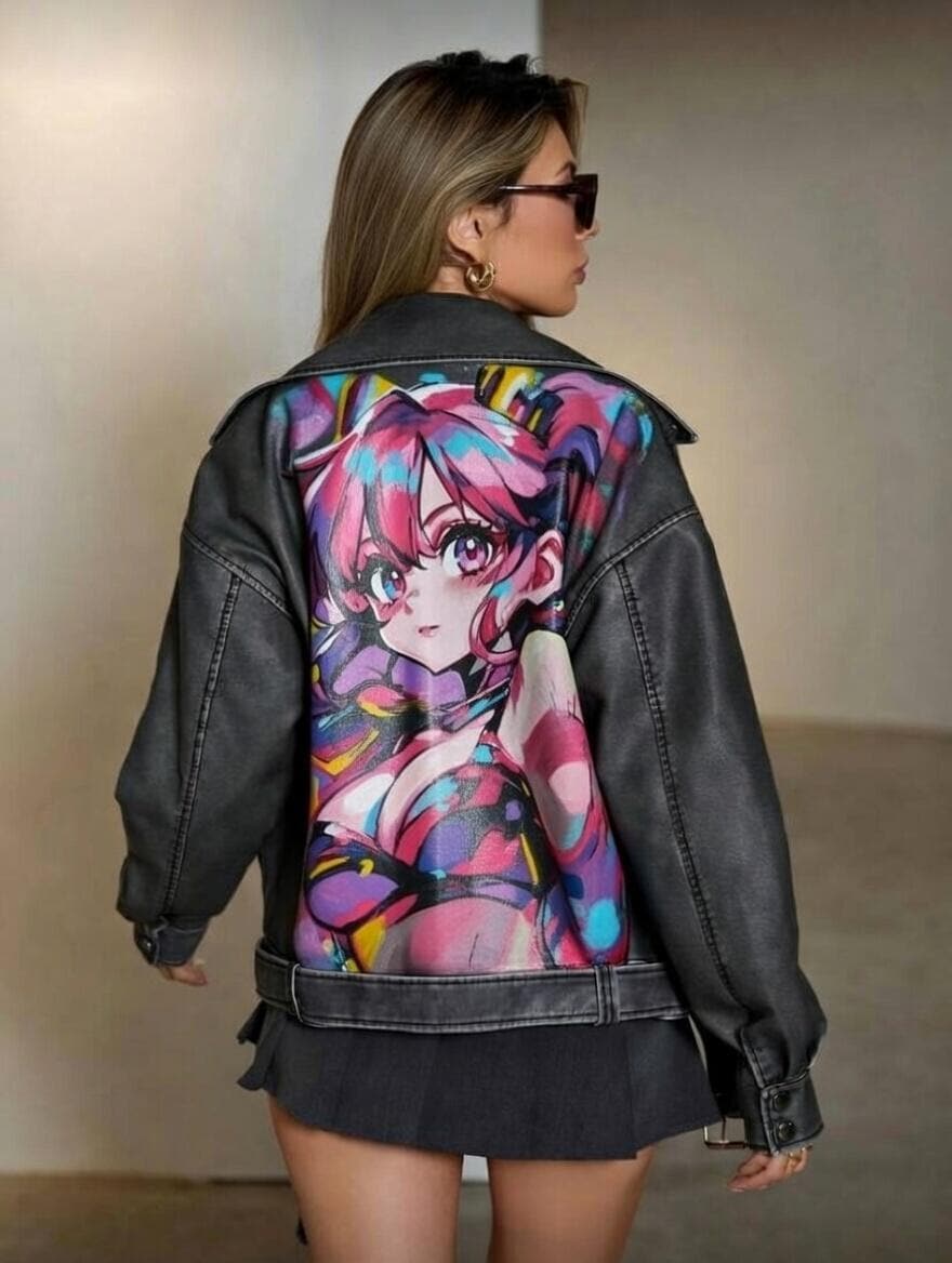 Hand Painted Tetris Leather Jacket, Black One of A Kind Wearable
