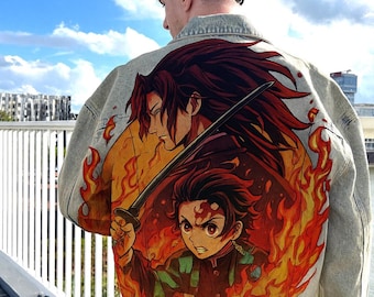 Handbemalte Anime Jeansjacke, Benutzerdefinierte japanische Manga tragbare Kunst mit Dämonendesign, Kawaii-Men’s Anime-Kleidung, Valentinstagsgeschenk
