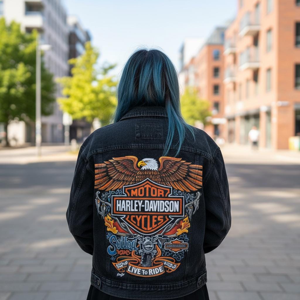 Harley Hand Painted Jacket – Custom Denim Motorcycle Artwear, One