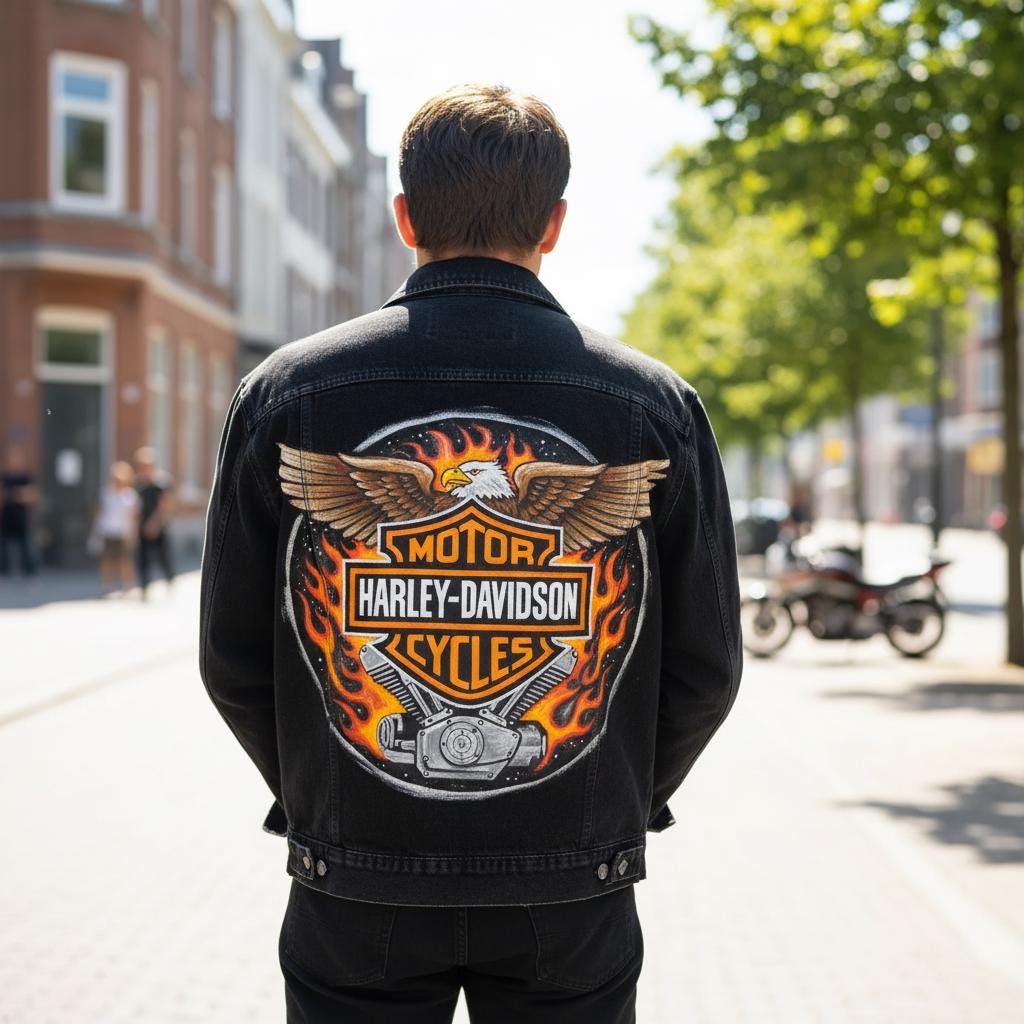Harley Hand Painted Jacket – Custom Denim Motorcycle Artwear, One