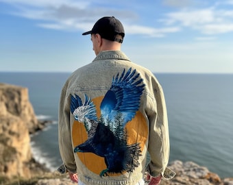 Hand Painted Denim Jacket, Eagle Jean Jacket, Wearable Art Clothing, Vintage Biker Jacket, One of a Kind Festival Outfit