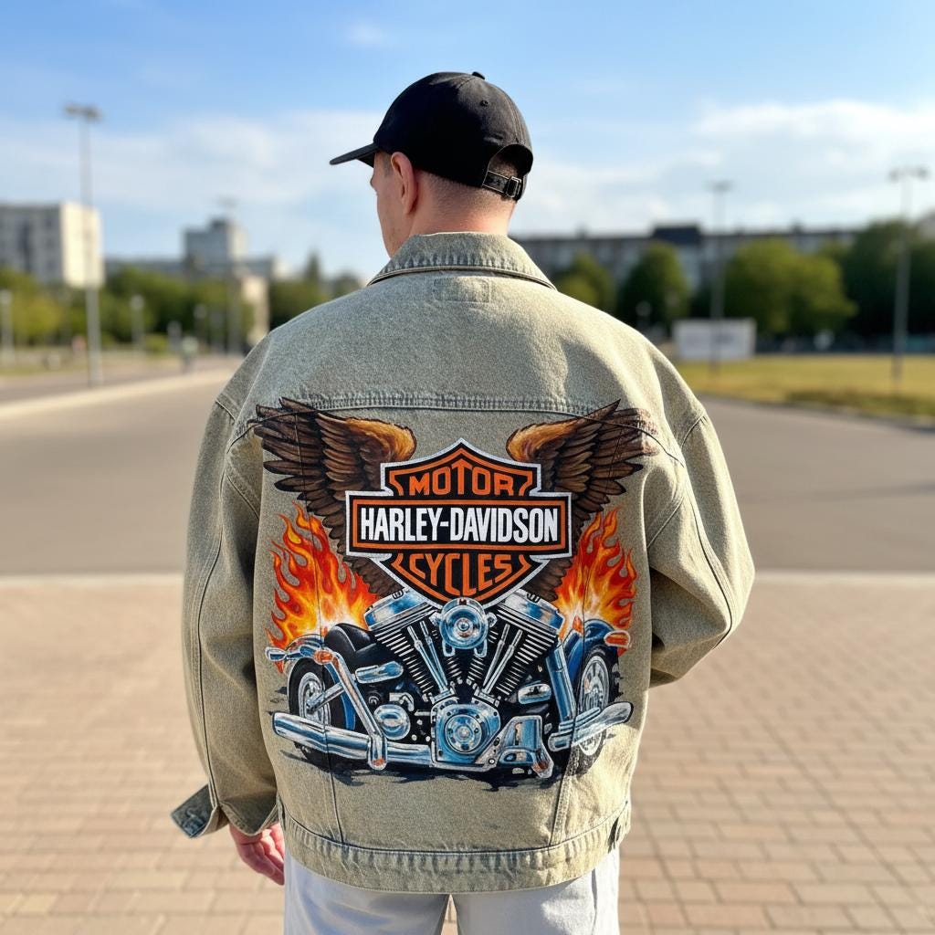 Harley Hand Painted Jacket – Custom Denim Motorcycle Artwear, One