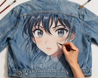 May include: A blue denim jacket featuring a large, detailed hand-painted illustration of an anime-style character with dark hair and expressive eyes on the back panel. The jacket includes a collar, buttoned cuffs, and metal buttons.
