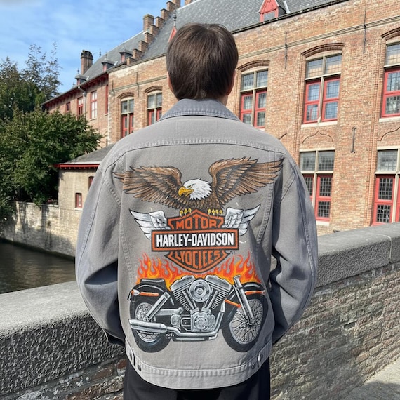 Harley Hand Painted Jacket – Custom Denim Motorcycle Artwear, One