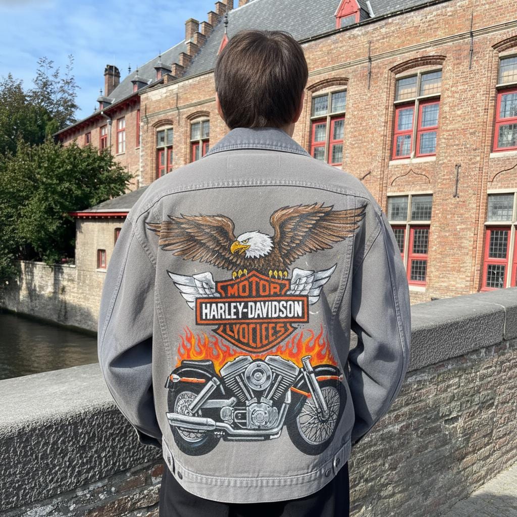 Harley Hand Painted Jacket – Custom Denim Motorcycle Artwear, One