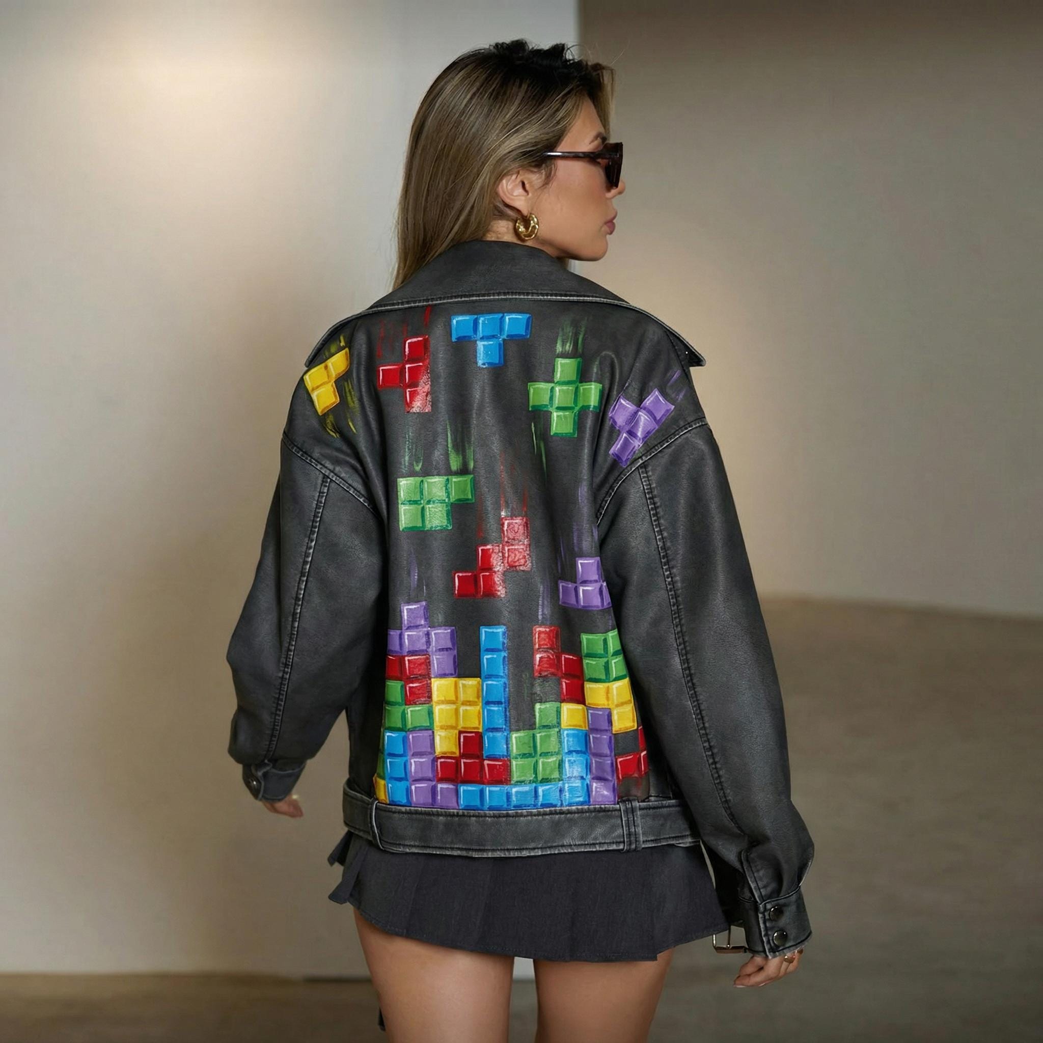 Hand Painted Tetris Leather Jacket, Black One of A Kind Wearable