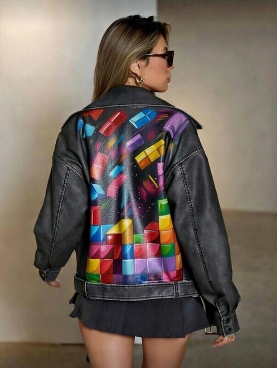Hand Painted Tetris Leather Jacket, Black One of A Kind Wearable