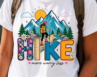 Retro Hiking PNG Design | Mountains, Wildflowers, Hiker (Digital Download)