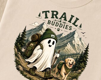 Trail Buddies Ghost Dog Hiking PNG | Mountain Adventure Sublimation Design (Digital Download)